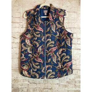 Chico's Quilted Pufffer Vest Womens Large Navy Blue Mixed Print‎ Full Zip Up